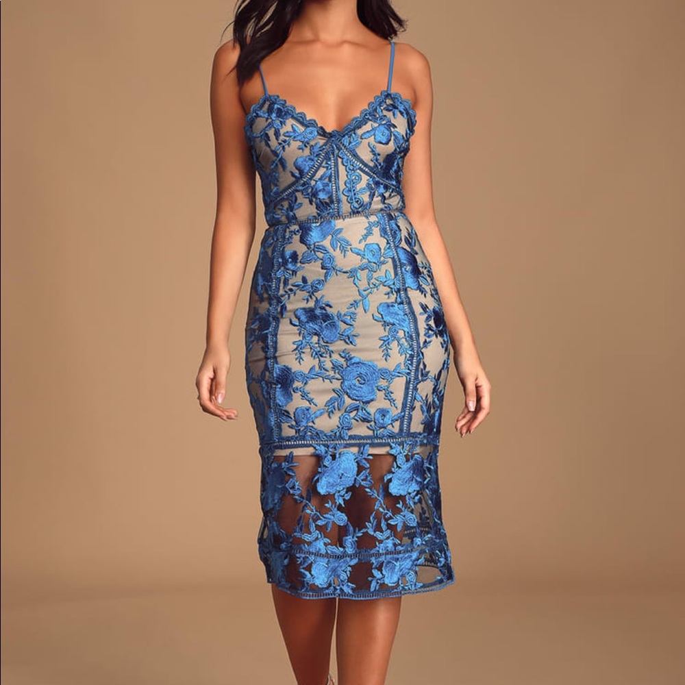 Lulus Deeply Cherished Blue Lace Midi Dress Medium